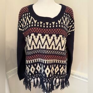 Flying Tomato Navy Patterned Sweater with Fringe